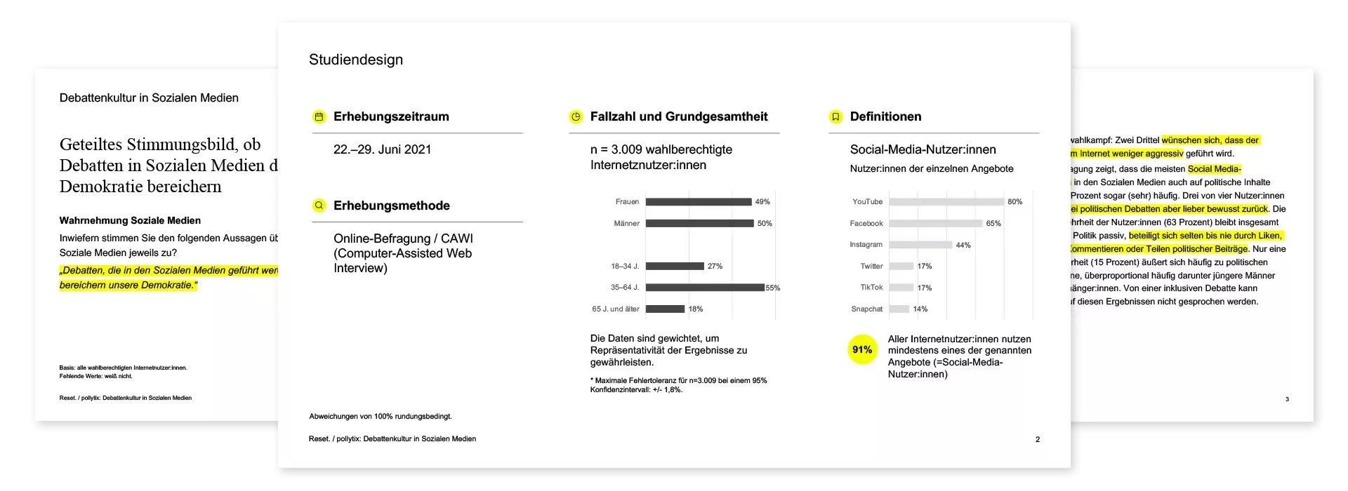 Mehrere Screenshots der Reset Webseite mit Diagrammen und Text zur Debattenkultur in sozialen Medien, inklusive Umfragedaten und hervorgehobenen Zitaten in in Schwarz, Weiß und Gelb gestaltet