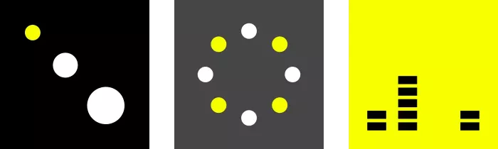 Three graphics: Black background with three white circles in descending size arranged diagonally and a small yellow circle at the top left. Gray background with eight circles arranged in a circle, alternating between white and yellow. Yellow background with black bars in three groups: two on top of each other on the left, five on top of each other in the middle, two on top of each other on the right
