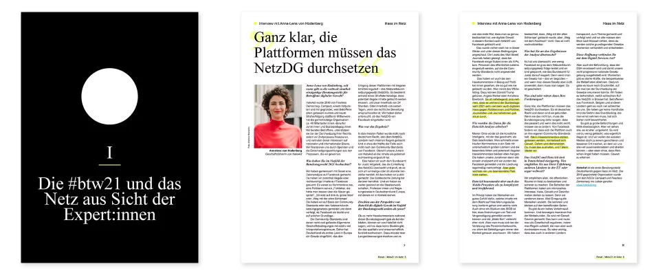 Doppelseite einer Publikation mit Interview: links Titelseite „Die #btw21 und das Netz aus Sicht der Expert:innen“ in schwarz mit weißem Kreis auf dem Cover, rechts Gespräch mit Anna-Lena von Hodenberg zu Hass im Netz