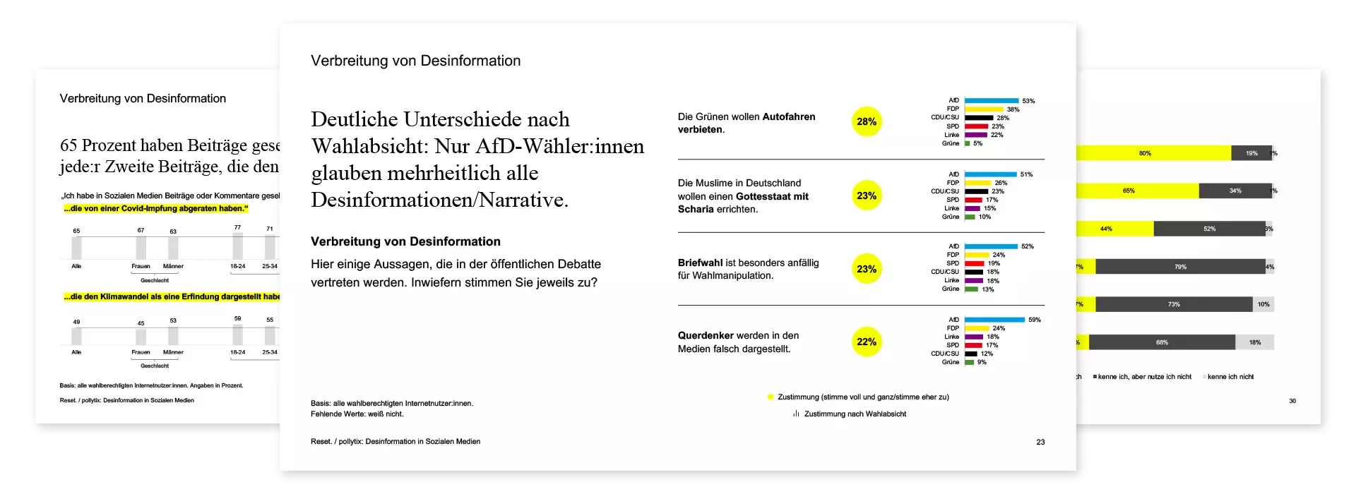 Mehrere Screenshots der Reset Webseite mit Statistiken und Diagrammen zur Verbreitung von Desinformation, inklusive Beispielen in Schwarz, Weiß und Gelb gestaltet