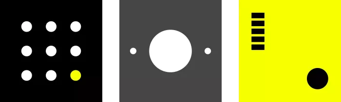 Three graphics: White dots in a 3x3 grid on a black background, with one of the dots highlighted in yellow at the bottom right. Gray background with a large white circle in the center and two smaller white circles to the left and right of it. Yellow background with five black horizontal bars at the top left and a large black circle at the bottom right