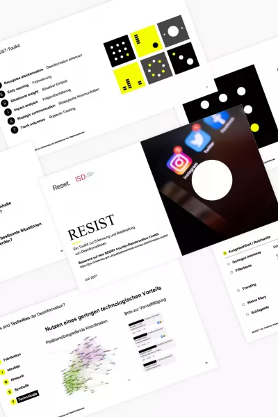 Several screenshots of the Reset website on the topic of disinformation, with text, graphics, and symbols designed in black, white, and yellow