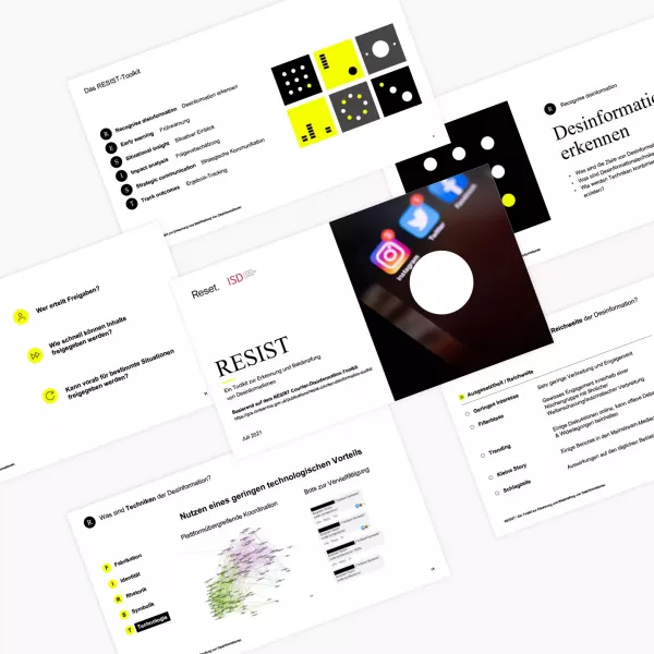 Several screenshots of the Reset website on the topic of disinformation, with text, graphics, and symbols designed in black, white, and yellow
