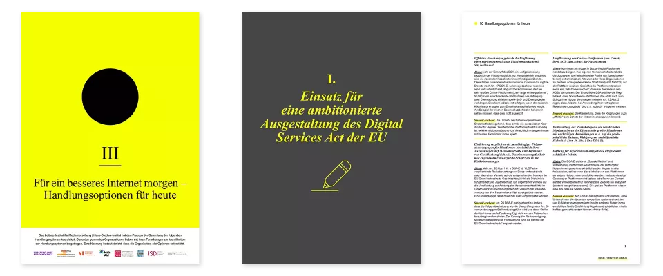 Double page spread from a publication: left-hand page shows the title page „Für ein besseres Internet morgen – Handlungsoptionen für heute“ (For a better internet tomorrow – options for action today) in yellow with a black circle on the cover; right-hand page shows text pages on efforts to achieve an ambitious version of the EU's Digital Services Act