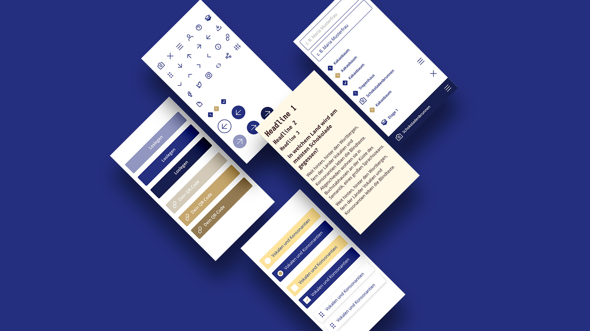 Fünf rechteckige Flächen auf blauem Hintergrund. In den Flächen sind die grafischen Stil-Elemente der App zu sehen wie Icons, Schriften und Buttons.