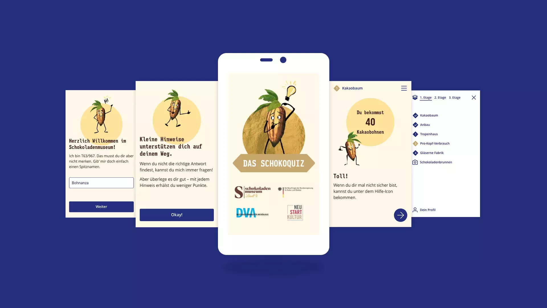 Ansicht verschiedener Screens in mobilem Format des digitalen Schoko-Quiz mit Fragen, Antwortoptionen und Punkteübersicht auf dunkelblauem Hintergrund