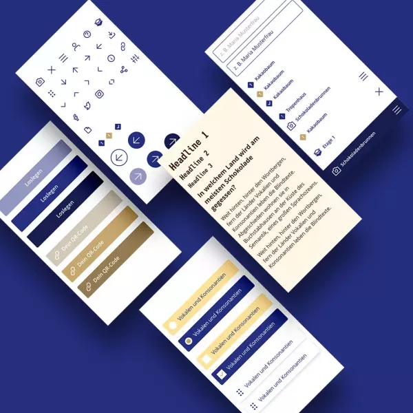View of various screens in mobile format of the digital chocolate quiz with questions, answer options, and points overview on a dark blue background
