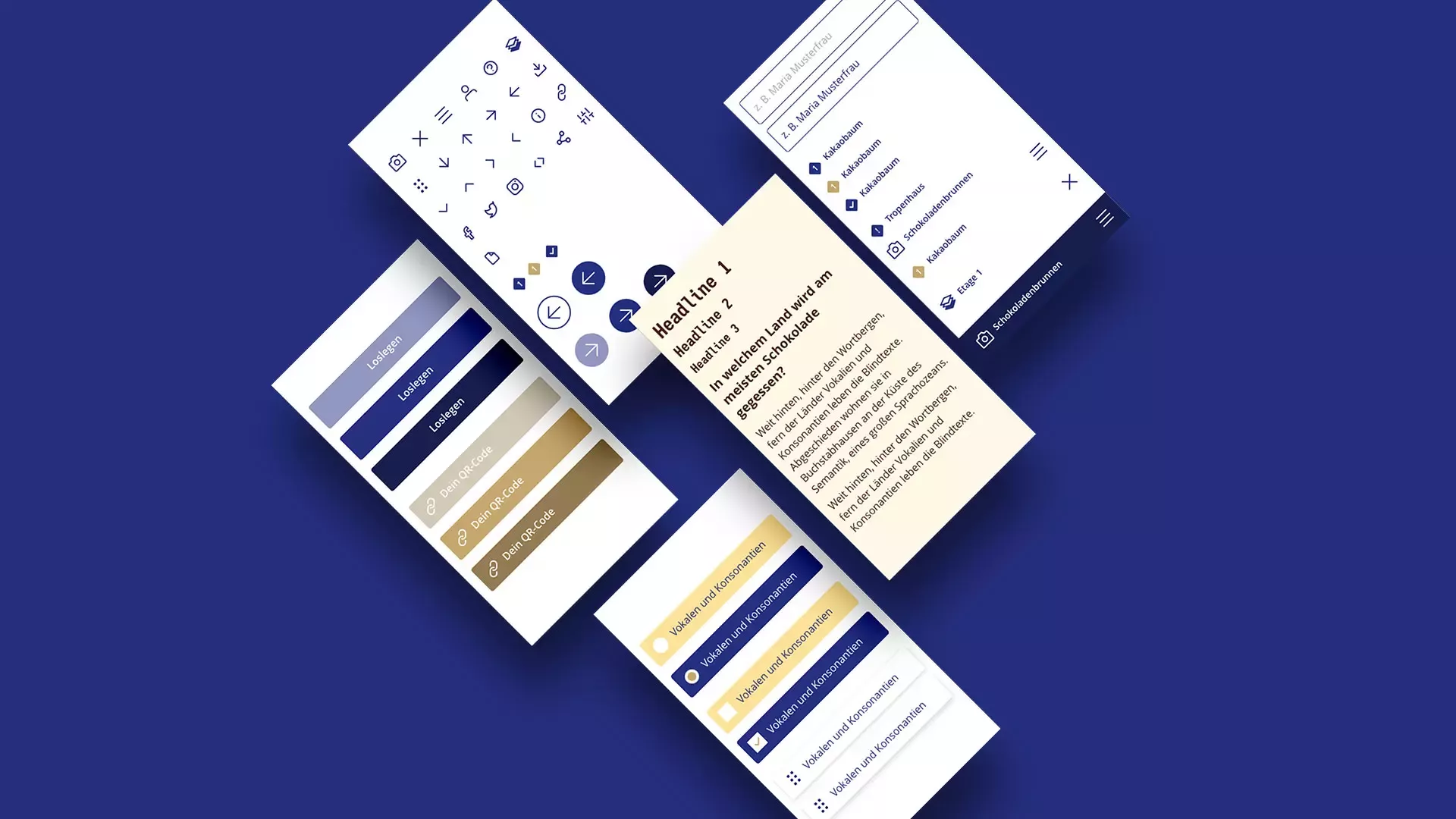 View of various screens in mobile format of the digital chocolate quiz with questions, answer options, and points overview on a dark blue background