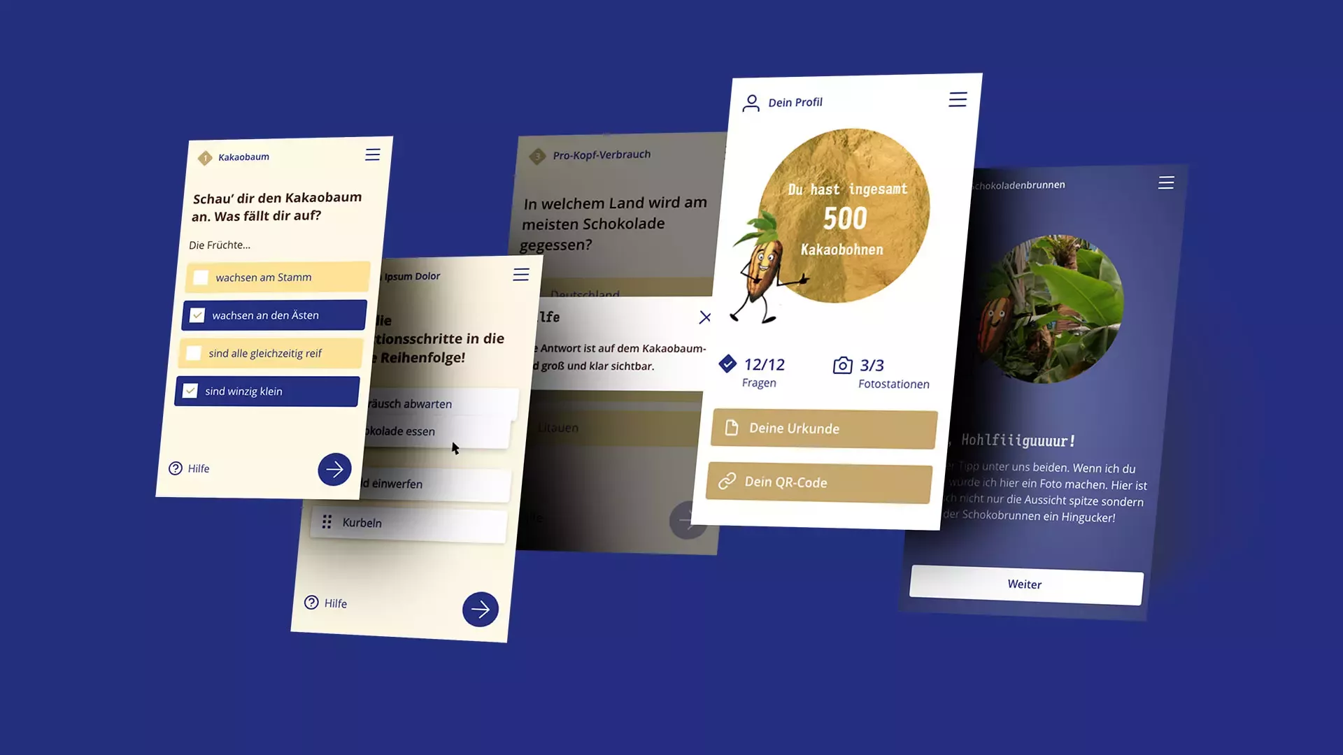 Ansicht verschiedener Screens in mobilem Format des digitalen Schoko-Quiz mit Fragen, Antwortoptionen und Punkteübersicht auf dunkelblauem Hintergrund