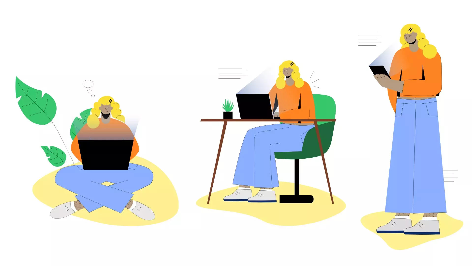 Illustration shows three scenes with the same person: sitting cross-legged with a laptop, sitting at a table with a laptop, and standing with a tablet