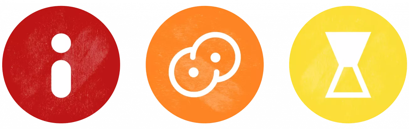 Drei bunte Symbole: roter Kreis mit weißem Infozeichen, orangefarbener Kreis mit zwei verbundenen Kreisen, gelber Kreis mit weißem Sanduhr-Symbol