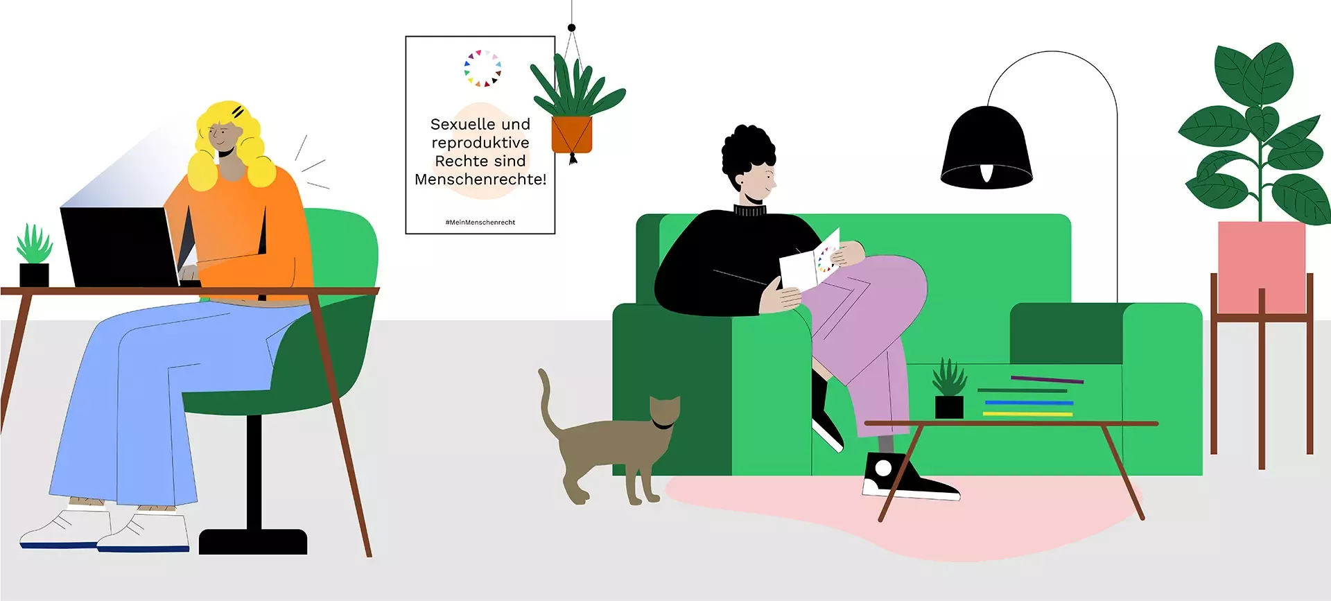 Illustration with two people: on the left at a desk with a laptop, on the right reading on a sofa, with a cat between them. On the wall is a poster with the text \