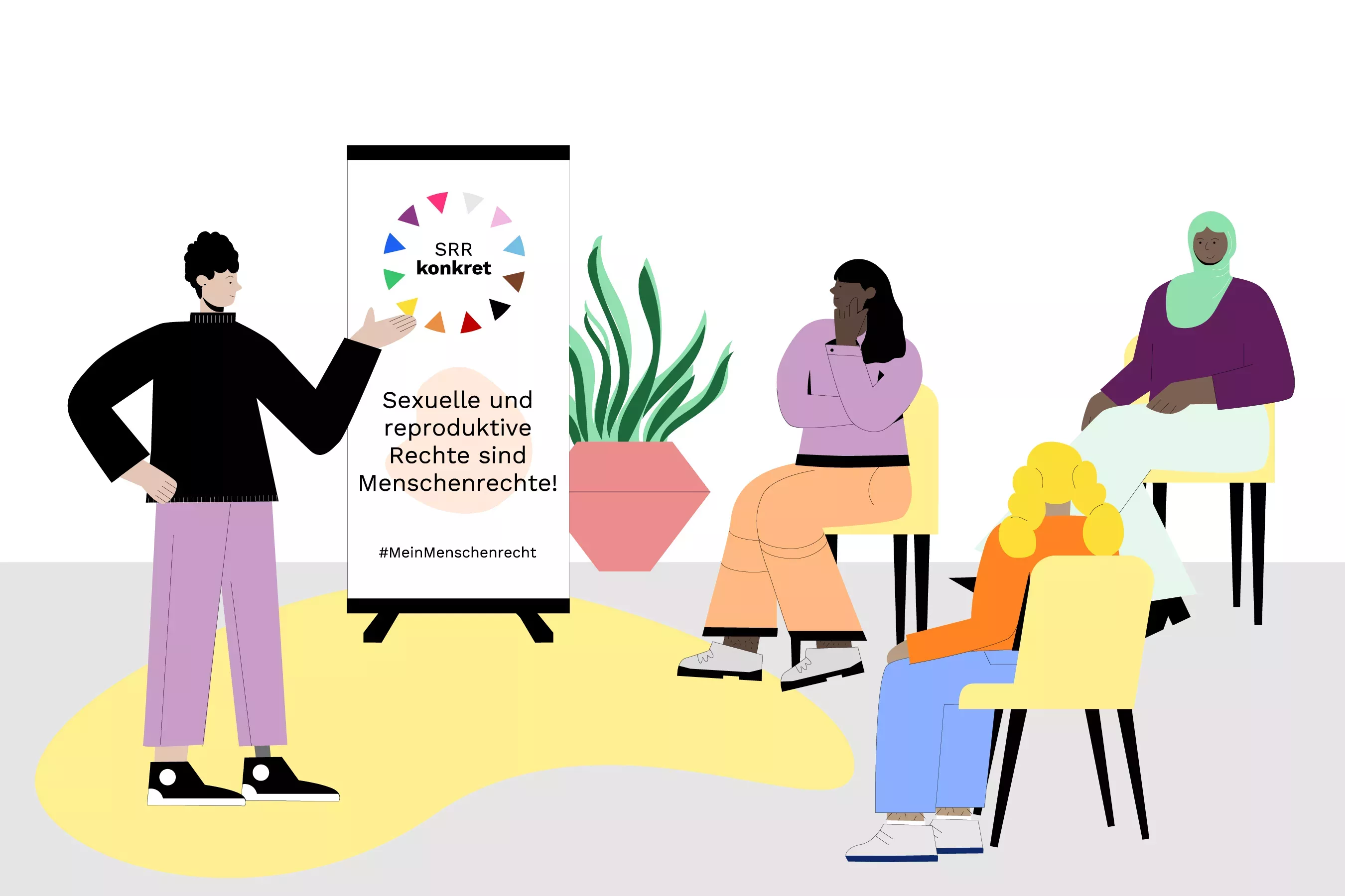 Illustration of a presentation: Person points to a poster with the text \