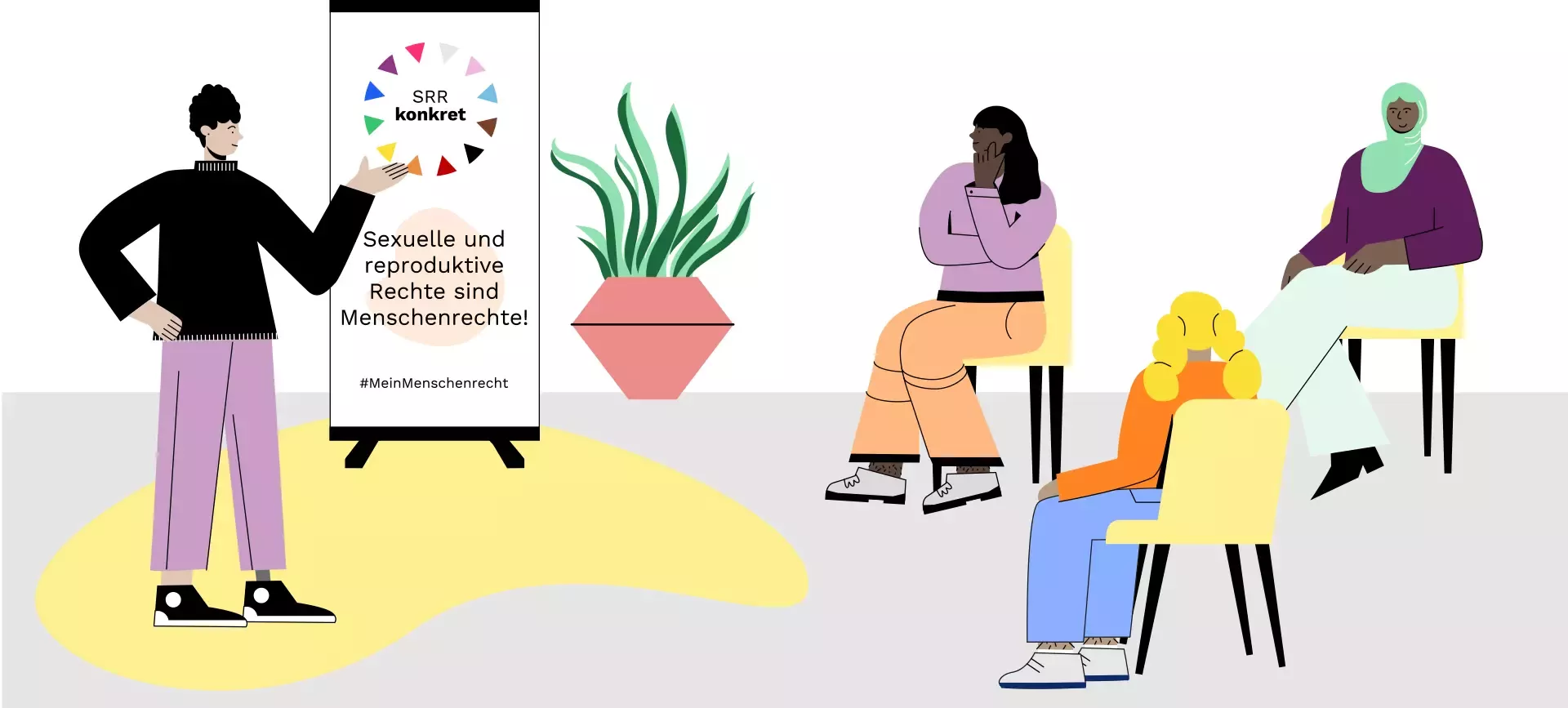 Illustration of a presentation: Person points to a poster with the text \