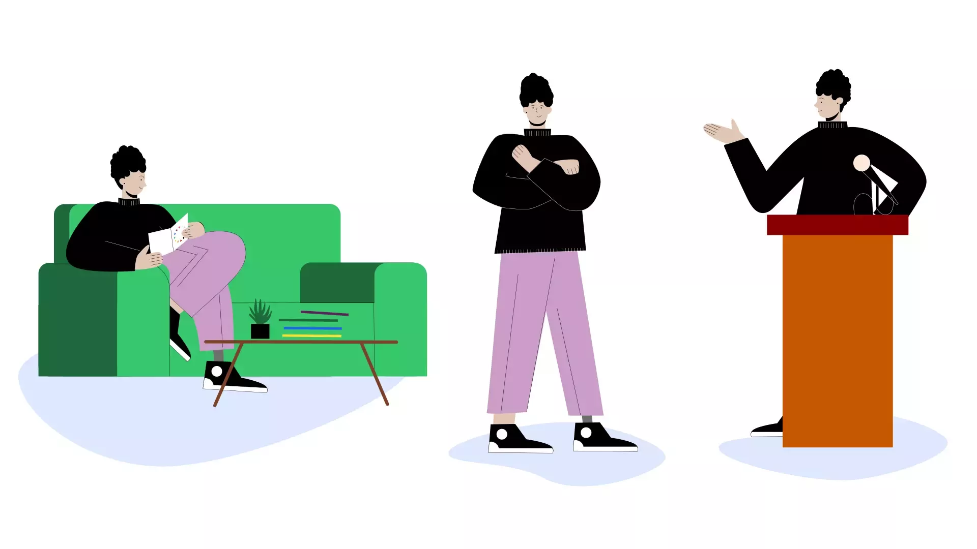 Illustration shows three scenes with the same person: reading on the sofa, standing with arms crossed, and speaking at a lectern with a microphone
