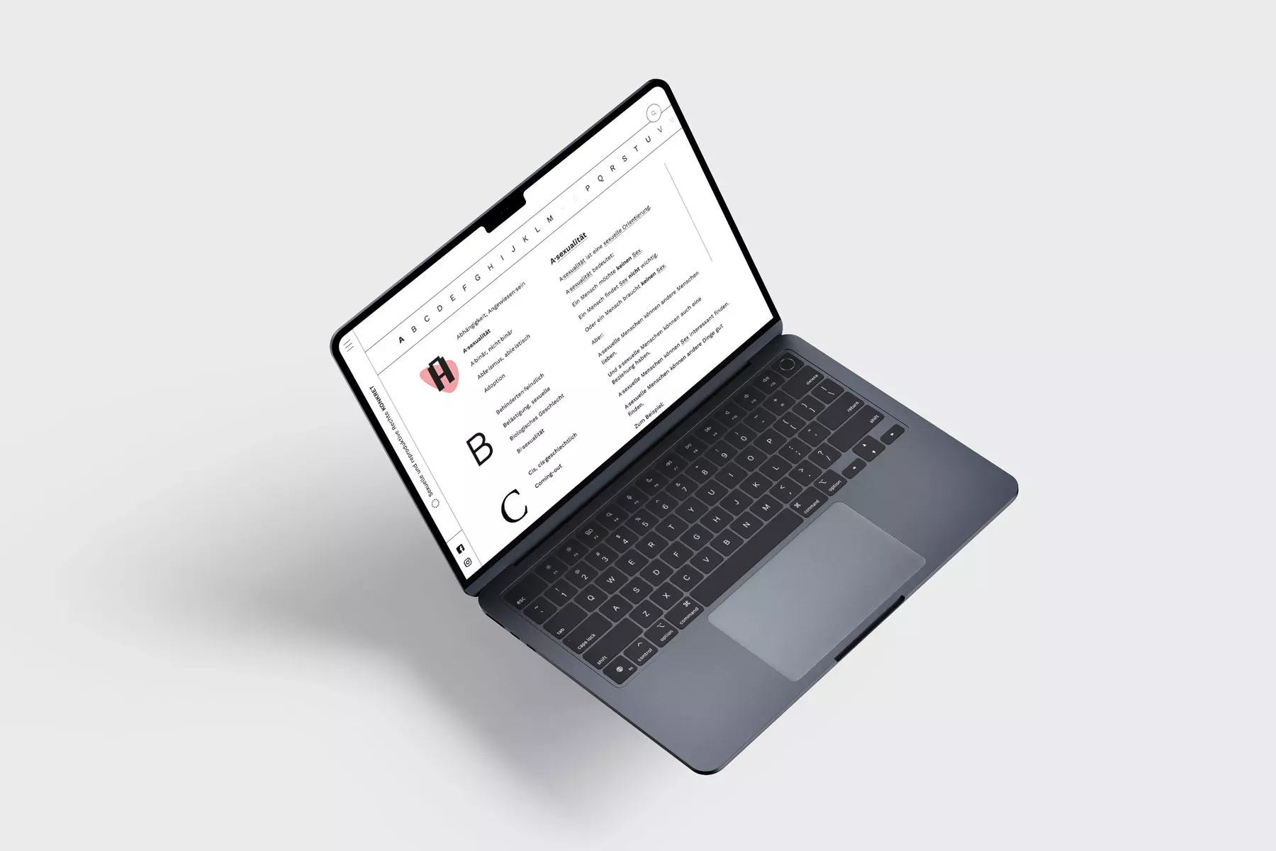 Laptop with website open, displaying an alphabetical glossary of terms and explanations