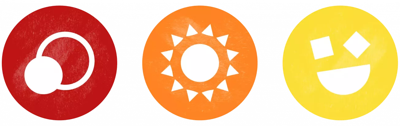 Drei bunte Symbole: roter Kreis mit weißen Ringen, orangefarbener Kreis mit Sonne, gelber Kreis mit lachendem Gesicht