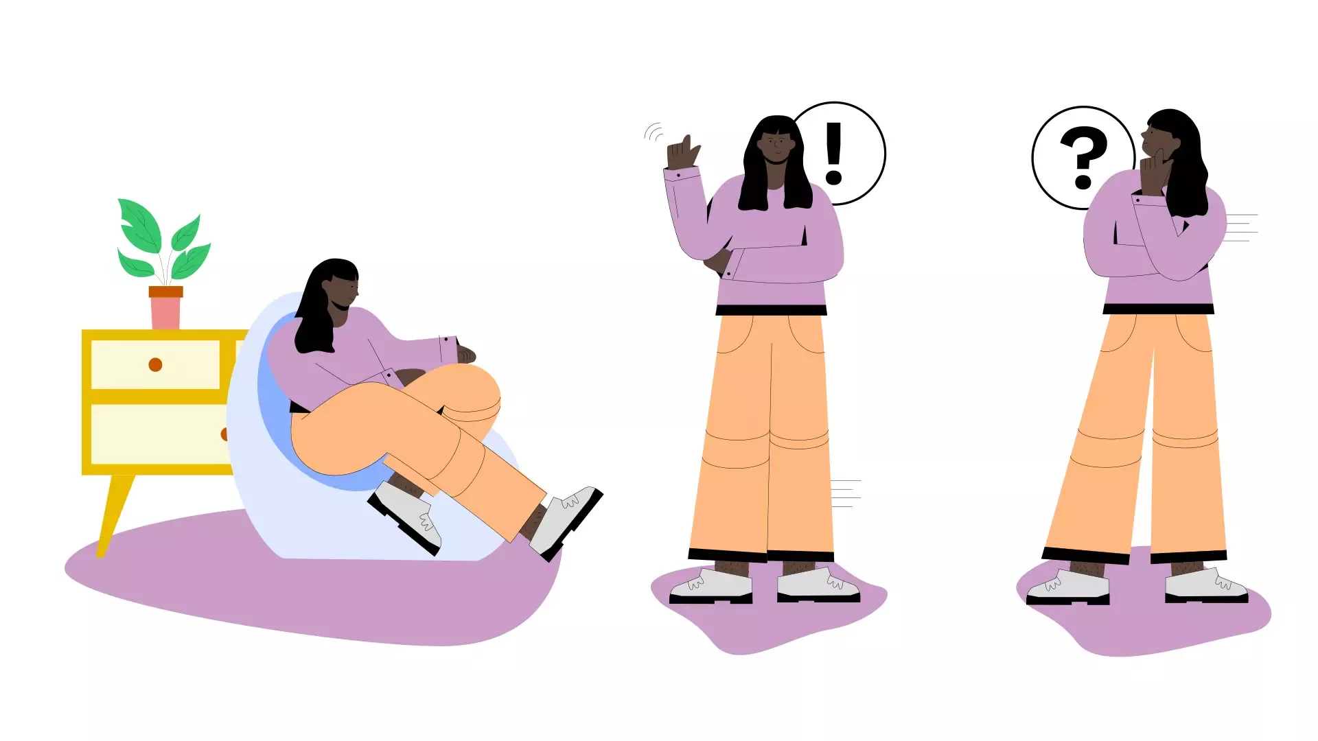 Illustration shows three scenes with the same person: sitting relaxed in an armchair, standing with a raised finger and exclamation mark, deep in thought with a question mark