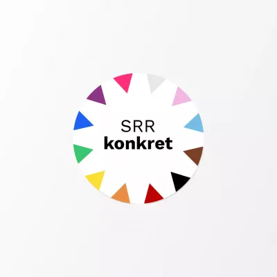 Round logo with colorful triangles around the edge, black text \