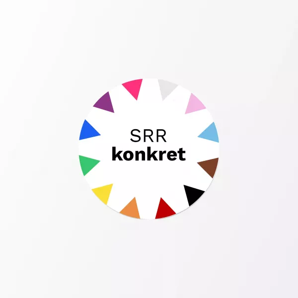 Round logo with colorful triangles around the edge, black text \