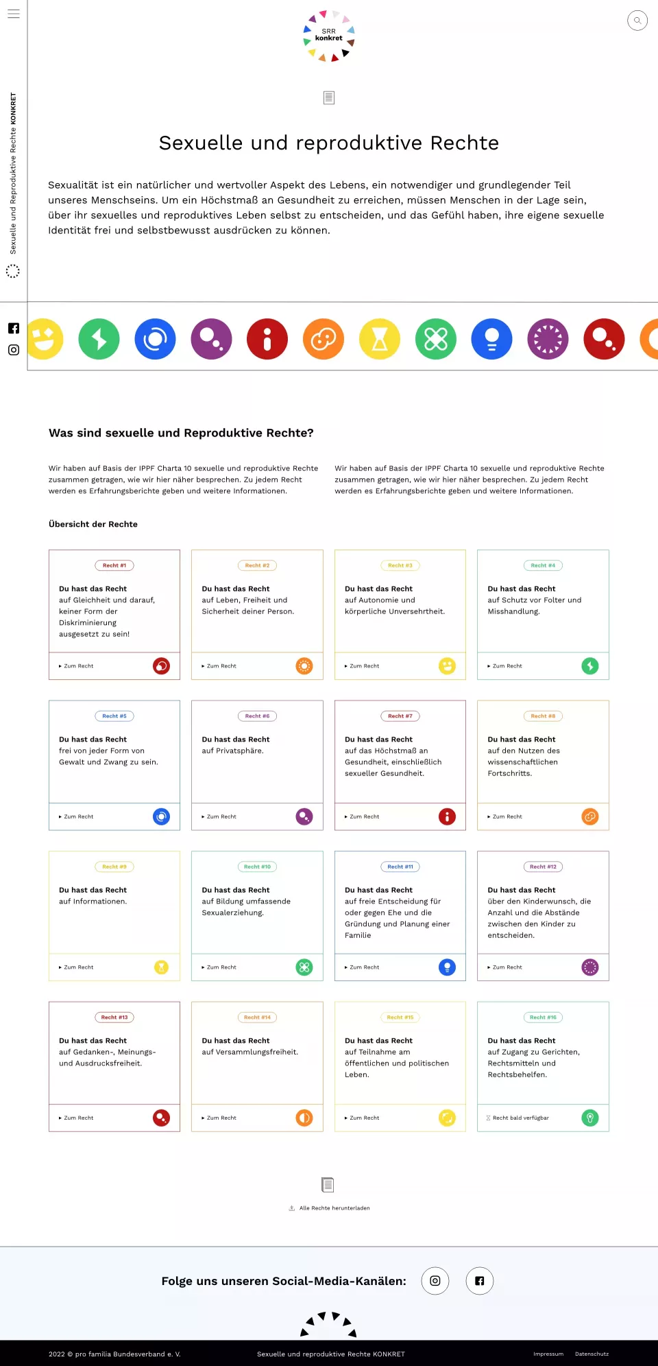 SRR website with an overview of sexual and reproductive rights, texts, colorful symbols, and tiles for individual rights