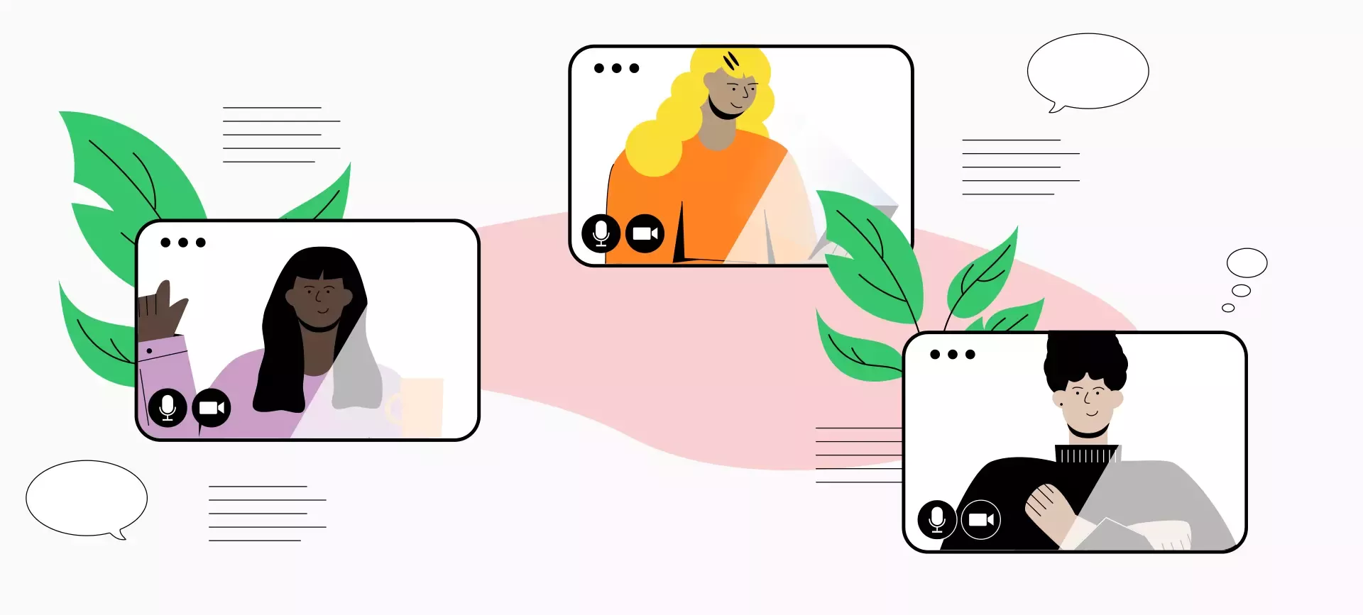 Illustration of three people in video call windows, surrounded by speech bubbles, text, and sheet elements
