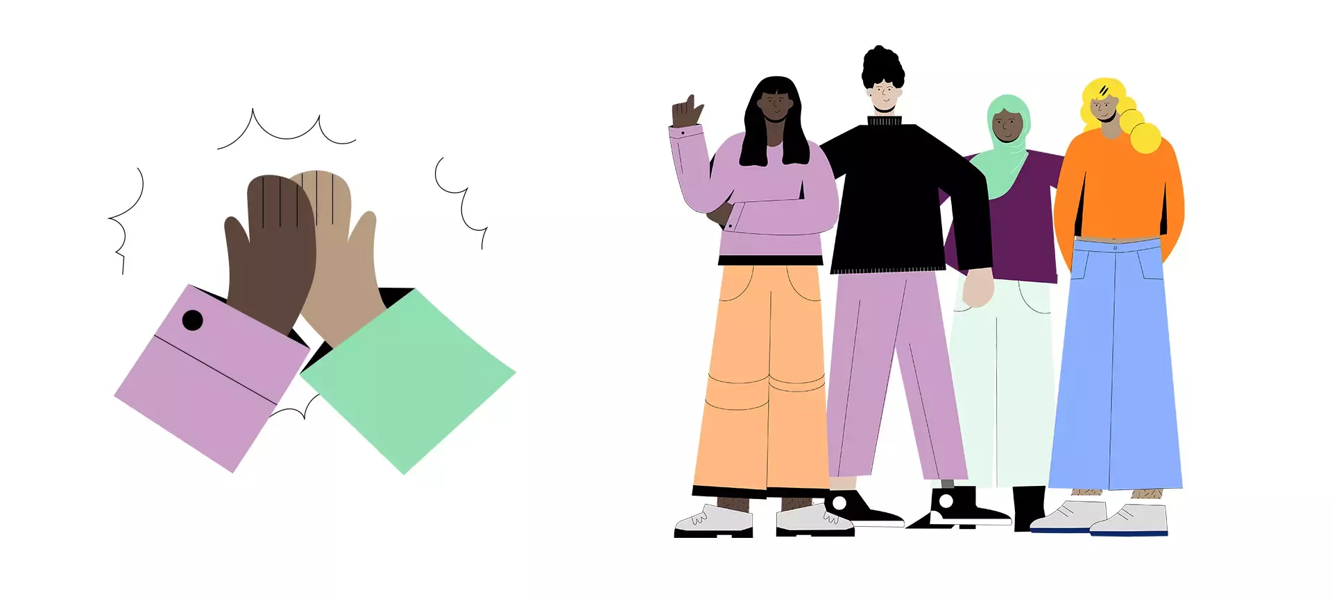 Illustration with two hands high-fiving on the left and four people standing together on the right