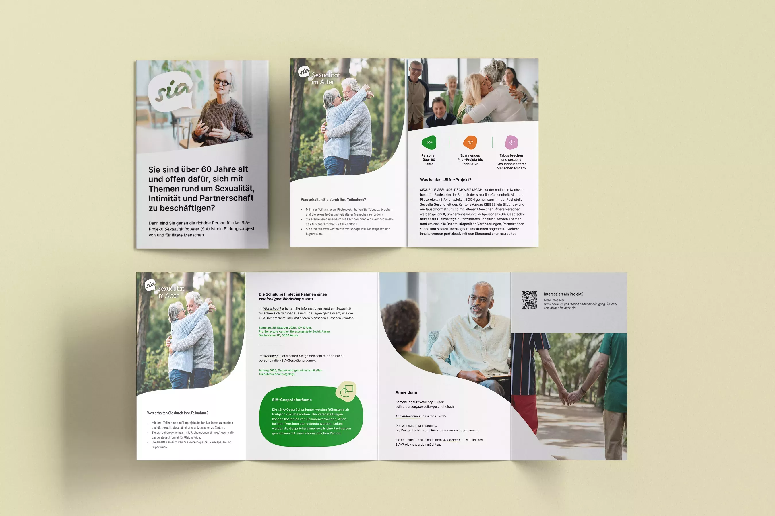 Aufgeklappter Flyer mit Fotos von älteren Personen, Illustrationen und Text zu Sexualität im Alter und Informationen über Workshops und Teilnahmebedingungen