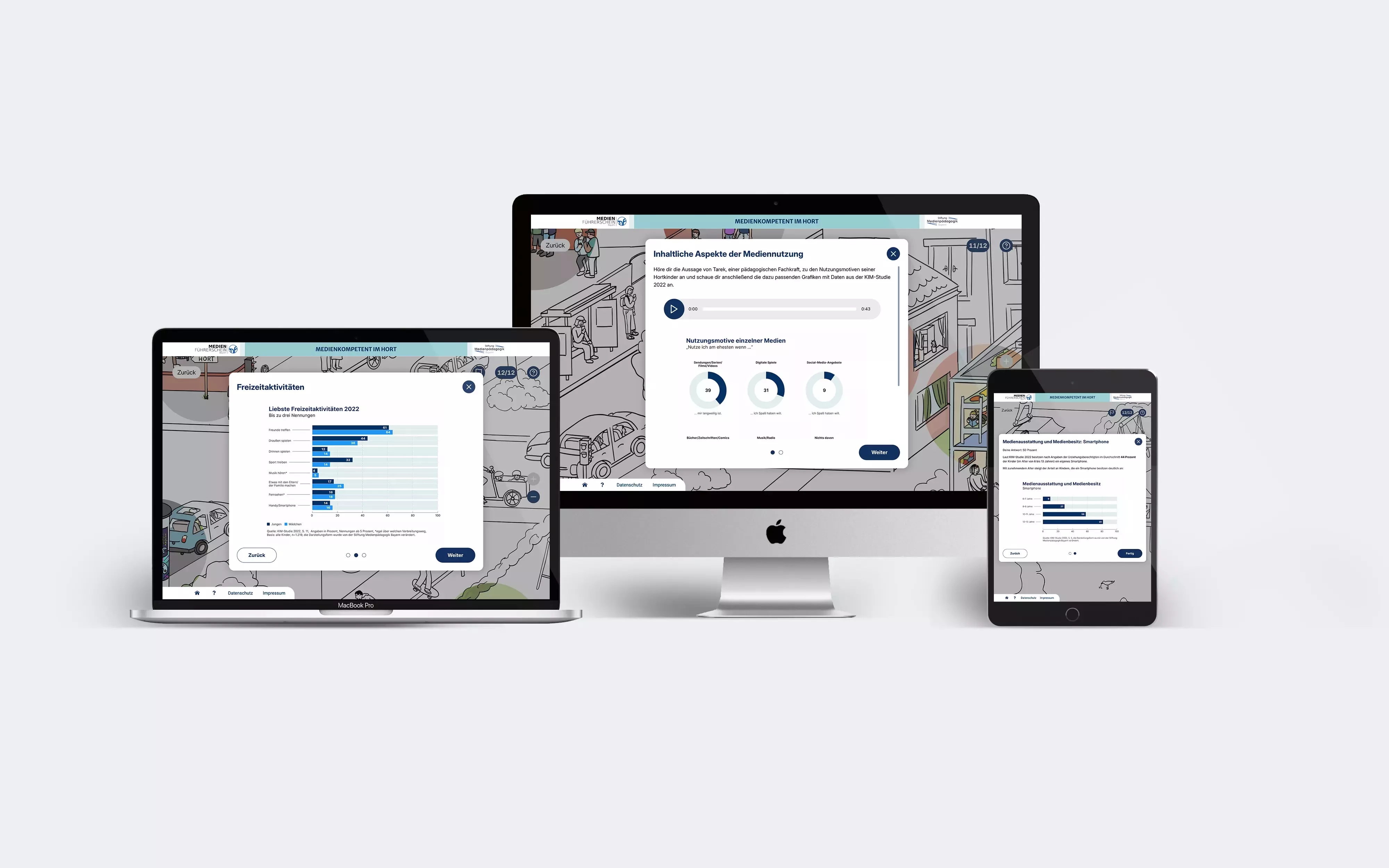 Laptops, desktop PCs, and tablets display the educational application \