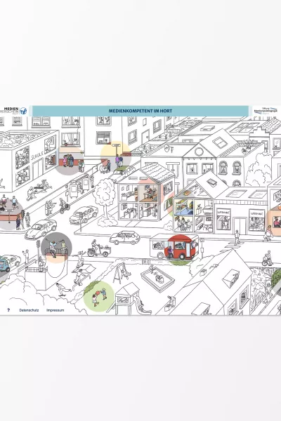 Black-and-white illustrated cityscape with streets, houses, cars, playground, and school, with the headline “Media literacy at the after-school care center” at the top. Various people engaged in different activities are highlighted in color