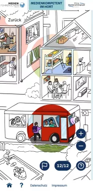 Mobile Ansicht der Webanwendung, schwarz-weiße Stadtszene mit mehreren farblich hervorgehobenen Bereichen, darunter ein roter Bus mit Kindern, Kinderzimmer mit Hochbett und Person am Computer