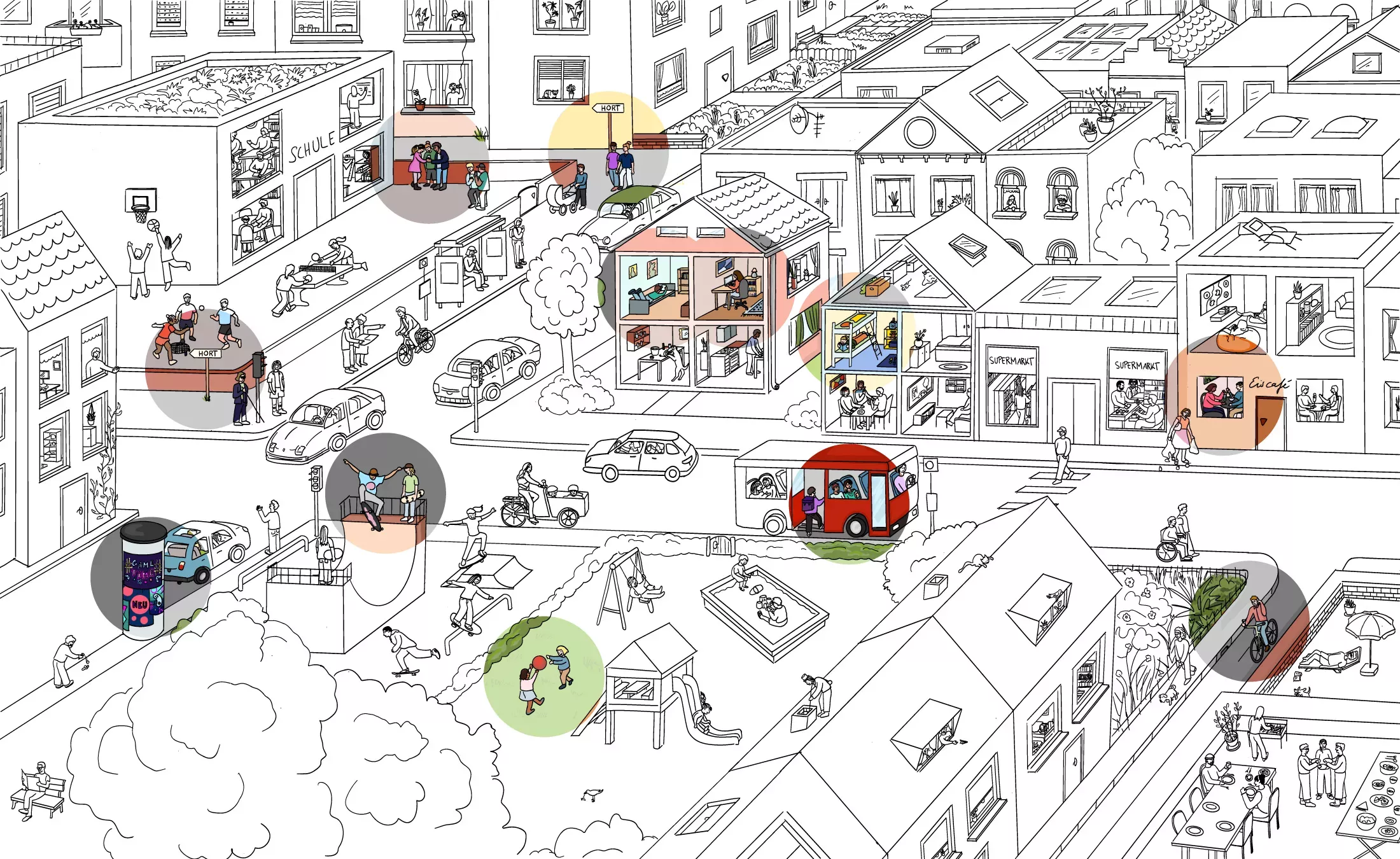 Schwarz-weiß illustrierte Stadtansicht mit Straßen, Häusern, Autos, Spielplatz und Schule. Verschiedene Personen bei unterschiedlichen Aktivitäten sind farbig hervorgehoben