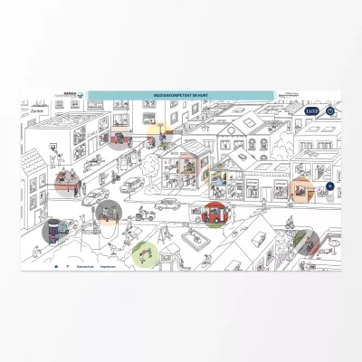 Black-and-white illustrated cityscape with streets, houses, cars, playground, and school, with the headline Medienkompetent im Hort (Media literacy at the after-school care center) at the top. Various people engaged in different activities are highlighted in color.