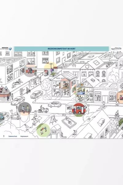 Black-and-white illustrated cityscape with streets, houses, cars, playground, and school, with the headline Medienkompetent im Hort (Media literacy at the after-school care center) at the top. Various people engaged in different activities are highlighted in color.