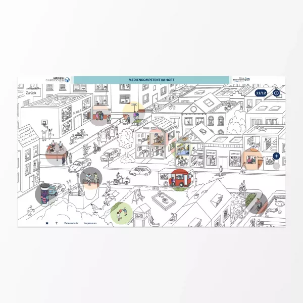 Black-and-white illustrated cityscape with streets, houses, cars, playground, and school, with the headline Medienkompetent im Hort (Media literacy at the after-school care center) at the top. Various people engaged in different activities are highlighted in color.