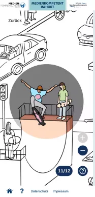 Mobile Ansicht der Webanwendung mit schwarz-weißer Illustration einer Stadtszene, hervorgehoben ist eine Szene mit zwei Personen beim Skateboardfahren auf einer Halfpipe