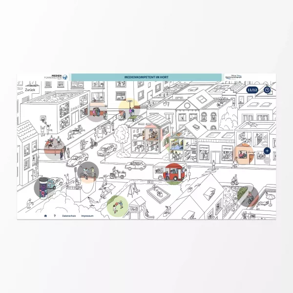 Schwarz-weiß illustrierte Stadtansicht mit Straßen, Häusern, Autos, Spielplatz und Schule, oben die Überschrift \
