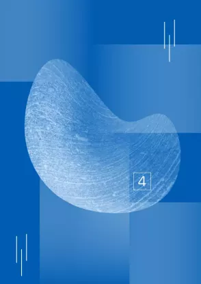 Blue graphic with a light, round shape in the center, geometric color fields in various shades of blue and gradients, and the number “4” in white