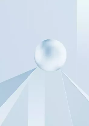 Helle 3D-Illustration in weiß-silbernen Tönen mit einer schwebenden Kugel im Zentrum, darunter verlaufen strahlenförmig geometrische Flächen nach unten