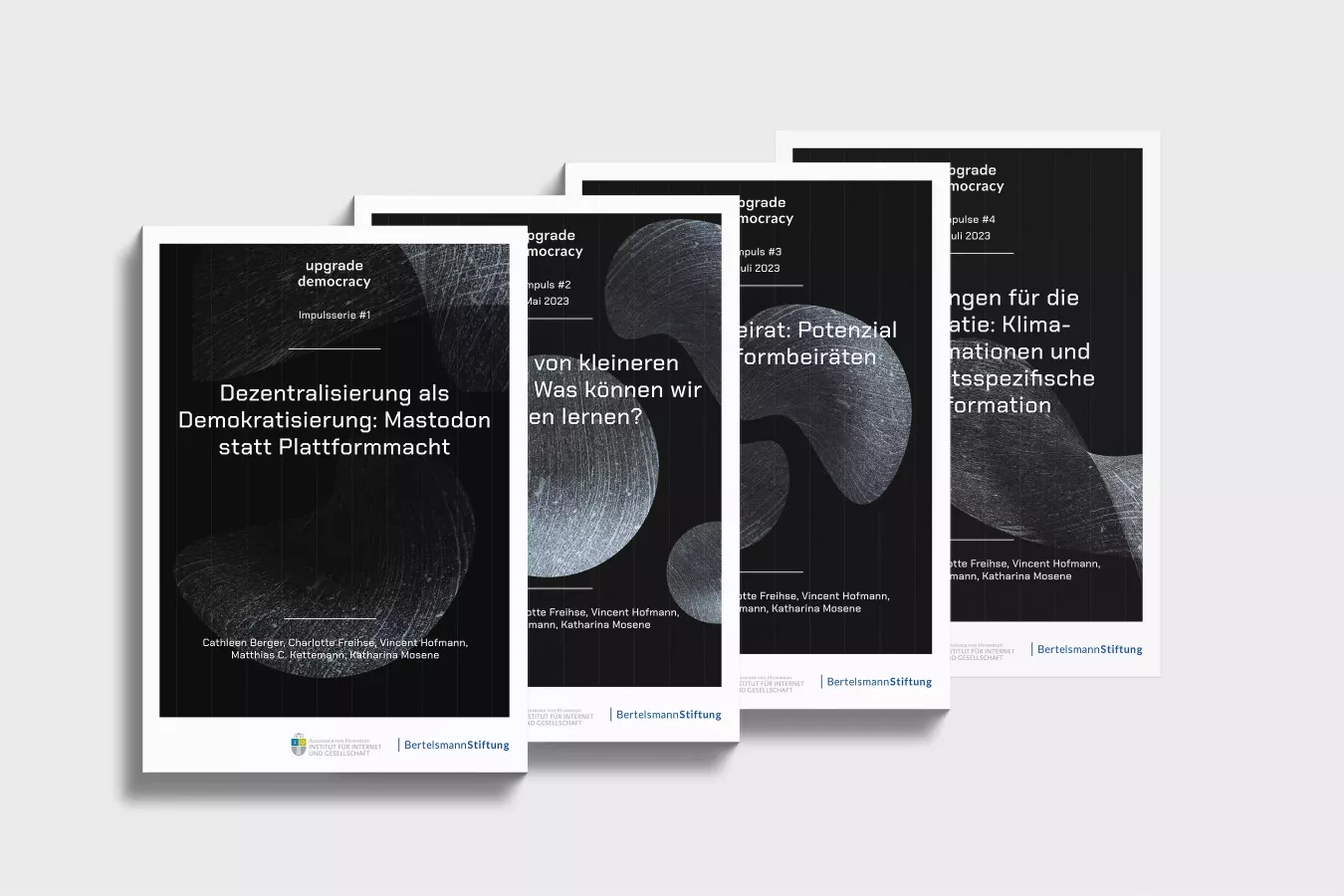 Vier Titelblätter von Publikationen der Bertelsmann Stiftung der Reihe \