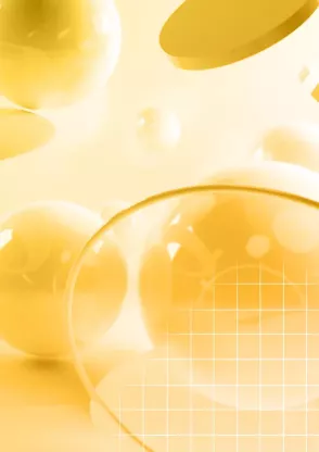 Gelb leuchtende 3D-Illustration mit schwebenden Kugeln und Scheiben, im Vordergrund transparente Kugel mit weißem Rastermuster
