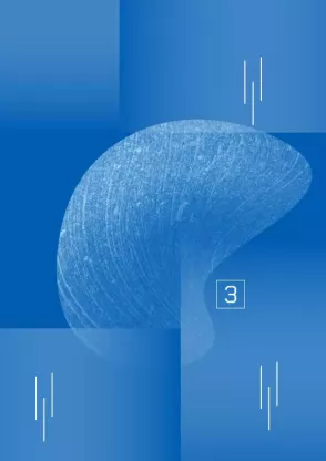 Blaue Grafik mit heller, runder Form in der Mitte, geometrischen Farbflächen in verschiedenen Blautönen und Verläufen und der Zahl \
