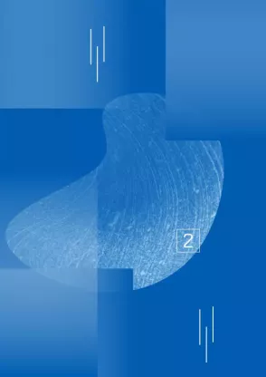 Blaue Grafik mit heller, runder Form in der Mitte, geometrischen Farbflächen in verschiedenen Blautönen und Verläufen und der Zahl \