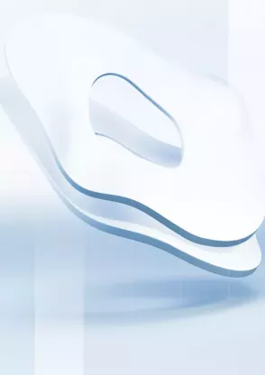 Abstract white 3D shape with curved planes and a hole in the middle, floating in front of a light background in white and silver tones