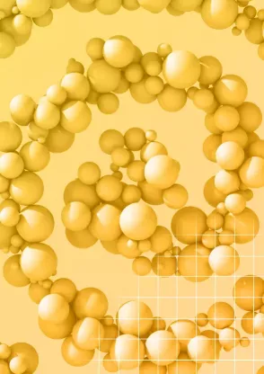 Gelbe 3D-Illustration mit vielen unterschiedlich großen Kugeln, die sich spiralig anordnen, unten ergänzt durch ein weißes Rastermuster
