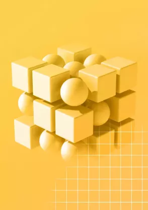 Yellow 3D illustration of floating cubes and spheres arranged in a block, complemented by a white grid pattern at the bottom
