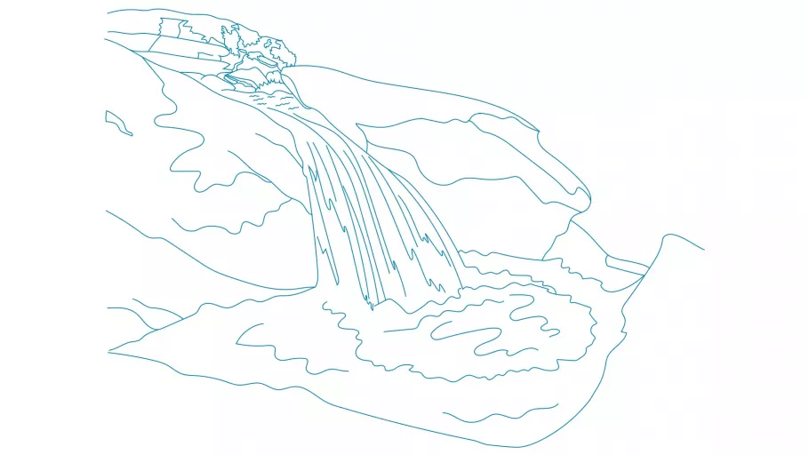 Illustration of a waterfall flowing down rocks into a small lake, with the surrounding rocky landscape indicated by blue lines
