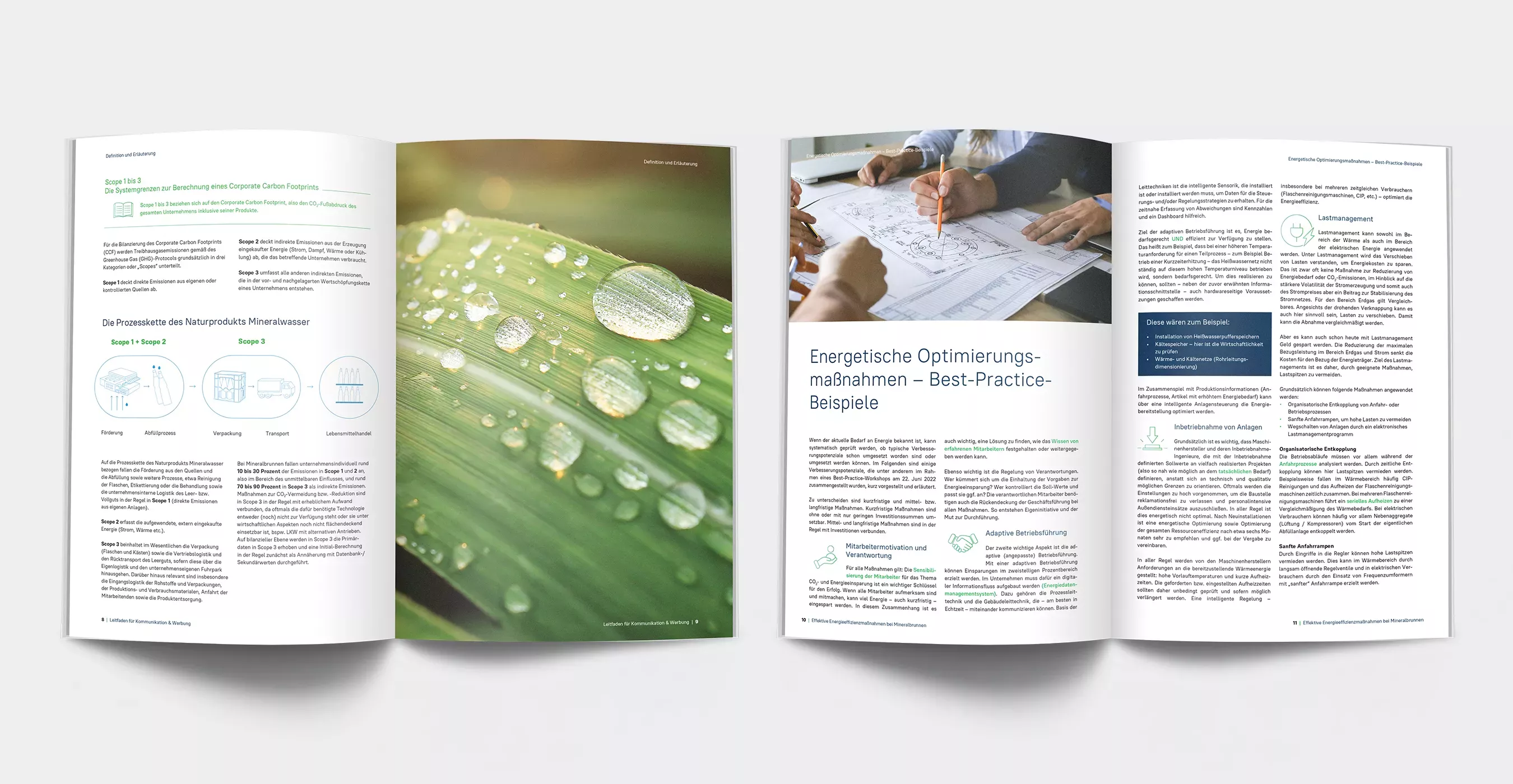 Aufgeschlagenes Magazin mit Infografik zur Prozesskette von Mineralwasser, Foto eines Pflanzenblattes mit Wassertropfen und Text zu energetischen Optimierungsmaßnahmen