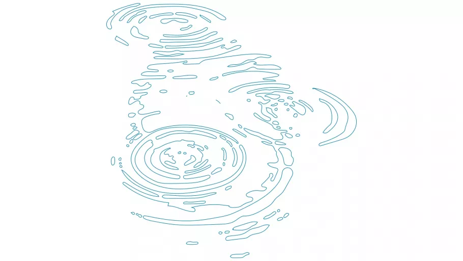 Illustration of a water surface with concentric circles and waves created by falling drops, drawn in blue lines