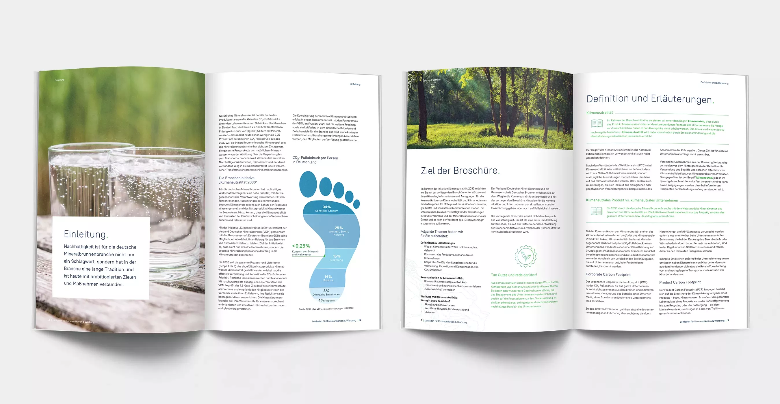 Aufgeschlagenes Magazin mit Foto von zwei Gläsern Mineralwasser, Text zur Einführung und Zielen der Broschüre sowie Definitionen zu Klimaneutralität